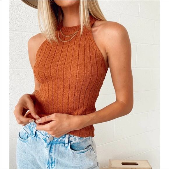 NEW VESTIQUE Rust Orange Brown High Cut Neck Ribbed 90s Sweater Tank Top Shirt S - Picture 3 of 10